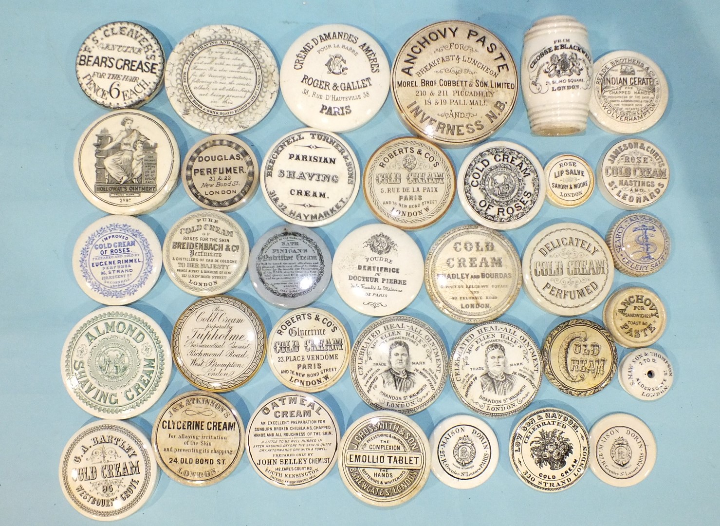 A 'Bears Grease for the Hair' pot lid and twenty-nine other 19th century advertising pot lids, (