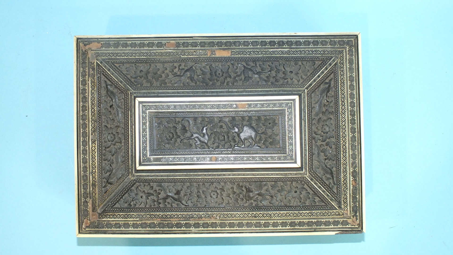 An Indian sarcophagus shaped Visagapatam work box, with hinged lid fitted with internal mirror and - Image 6 of 7