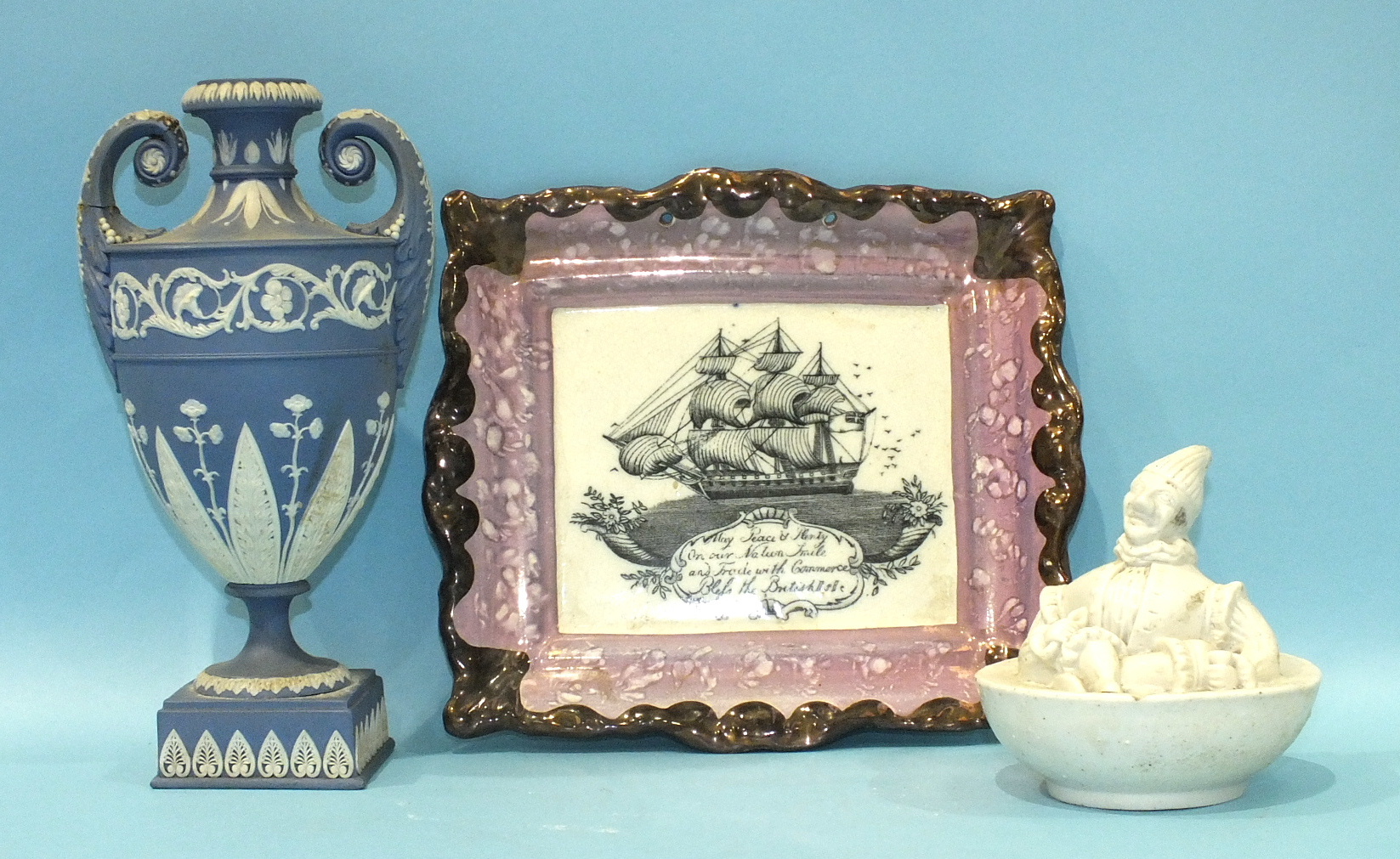 A jasperware vase, 22.5cm, a purple lustre marine subject plaque, 22 x 20cm, and a Parian china