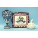 A jasperware vase, 22.5cm, a purple lustre marine subject plaque, 22 x 20cm, and a Parian china
