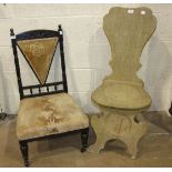 A pair of 19th century oak hall chairs on solid seats, (bleached) and a pair of Edwardian stained