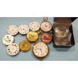 A gold plated keyless pocket watch, (af), and 8-day DFC movement, various watch movements and