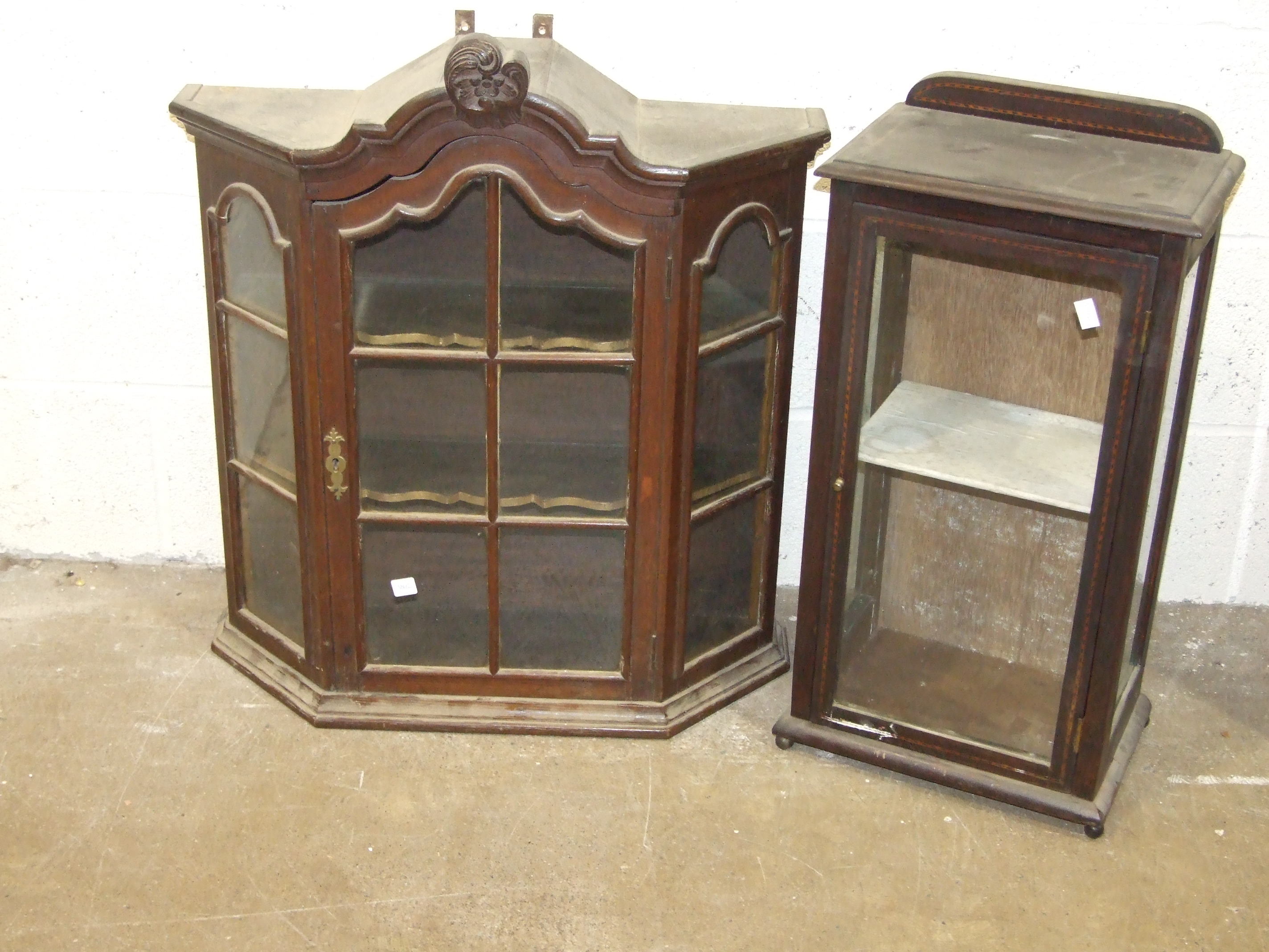 A small glazed oak wall cabinet in the Dutch style, 64cm wide, 73cm high and an Edwardian small