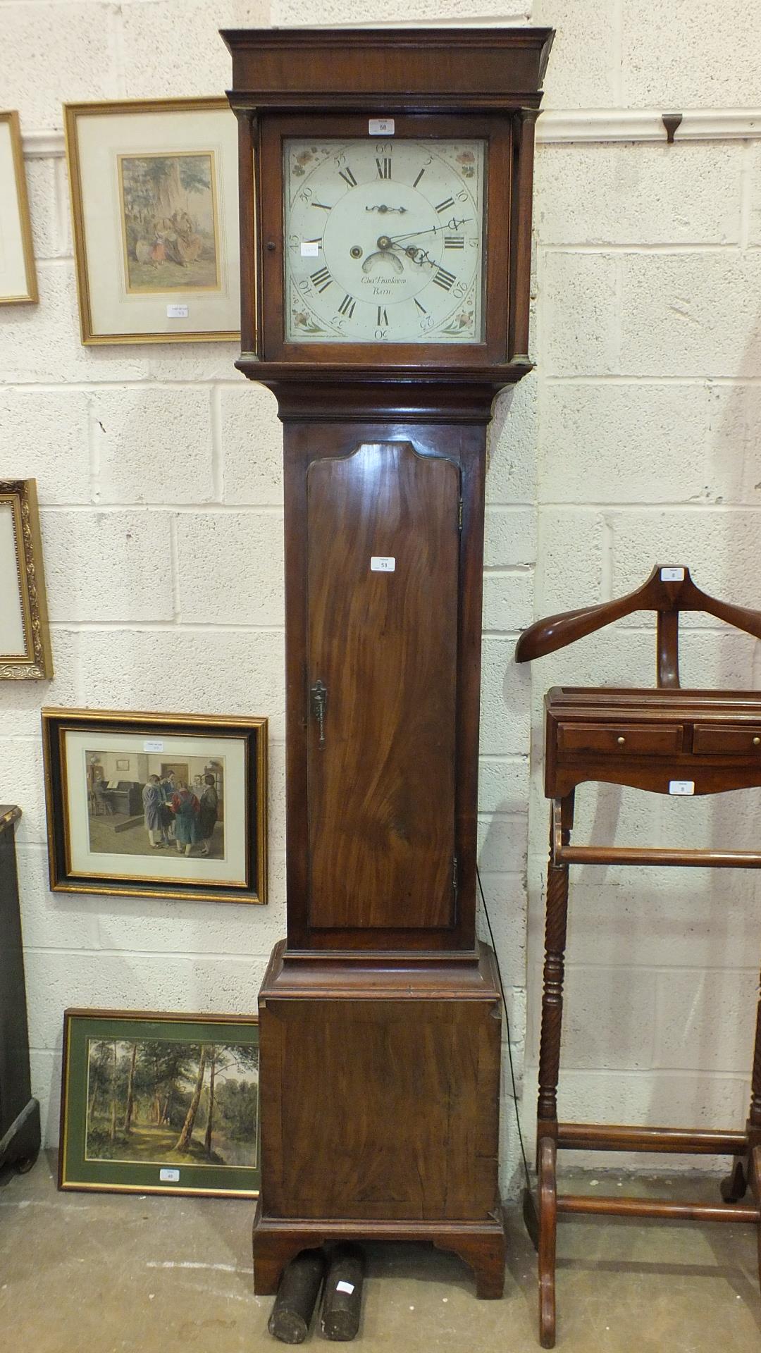 A 19th century mahogany long case clock, the painted dial with calendar aperture and seconds