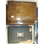 A rosewood writing box with inlaid mother of pearl decoration, 34.5cm, a brass-inlaid writing box,