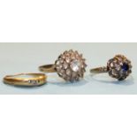 Two 9ct gold gem set cluster rings, sizes O and P, 5.6g and an 18ct gold ring (af), 1g.