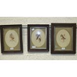 Three watercolour head and shoulder studies of young ladies wearing floral bonnets, framed oval,