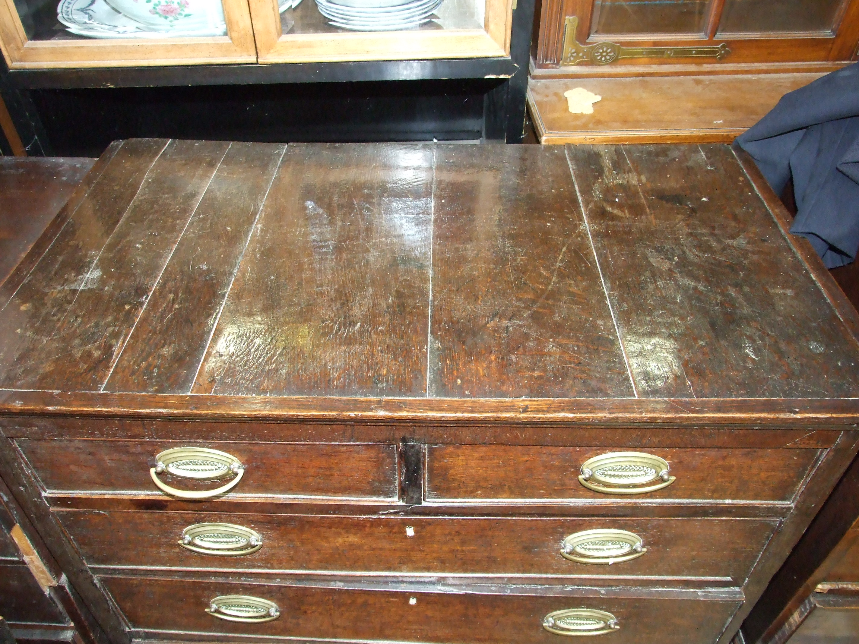 An antique oak chest of two short and three long drawers, on bracket feet, 102cm wide. - Image 2 of 3