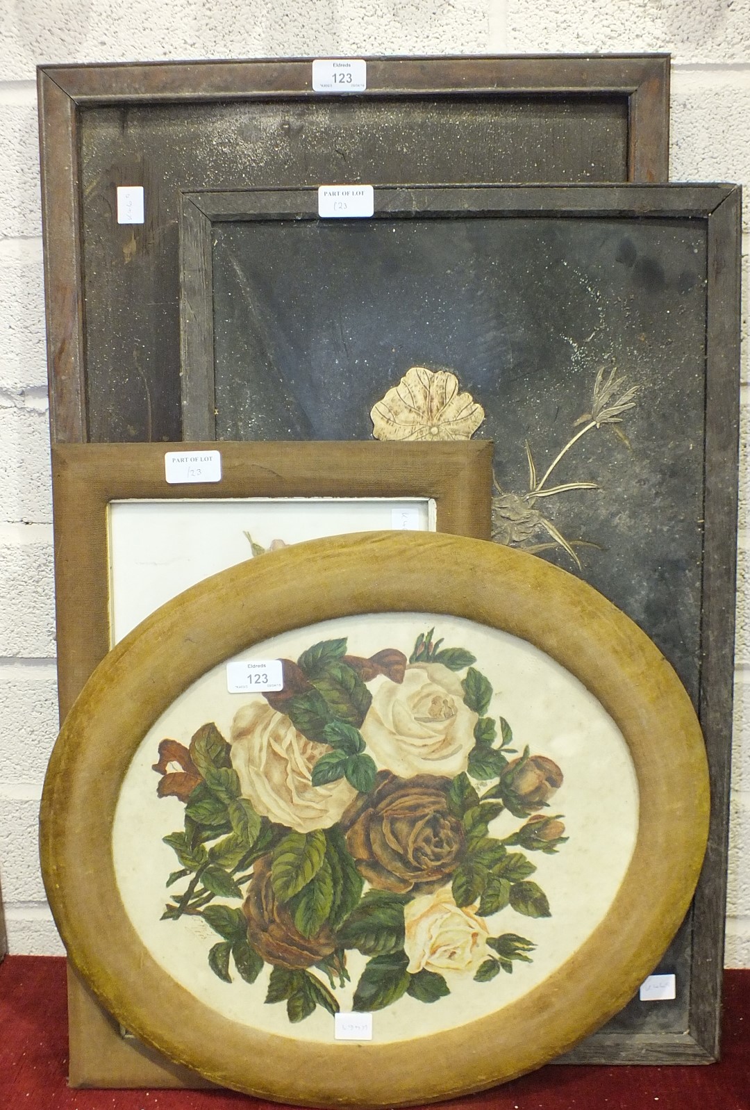 Two bone inlaid hardwood oriental wall plaques depicting flowers and birds, and other items.