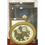 Two bone inlaid hardwood oriental wall plaques depicting flowers and birds, and other items.