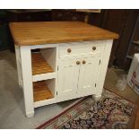 A modern pine and painted wood kitchen island, 110 x 84cm, 94cm high.