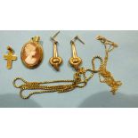 A pair of earrings, a cross pendant and chain (af), all marked 333, 6.3g and a small 14ct gold