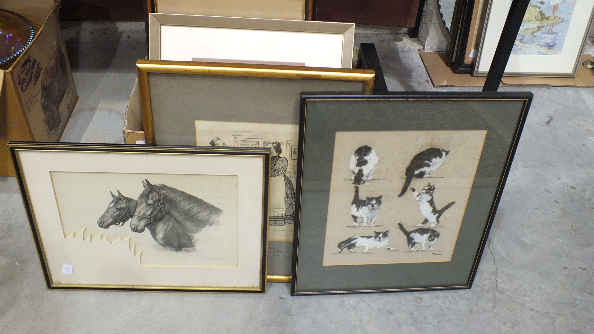 Four prints of pencil drawings of horses, and other framed pictures.