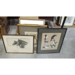 Four prints of pencil drawings of horses, and other framed pictures.