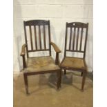 A set of six oak rush-seated dining chairs labelled James Mills, Brighton, (all in need of