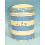 An aluminium 'Sugar' tin with domed lid and blue and cream striped decoration, 15cm high.