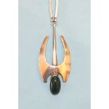 A Danish sterling silver necklace by N E From, of modernist design c1973, the pendant set green