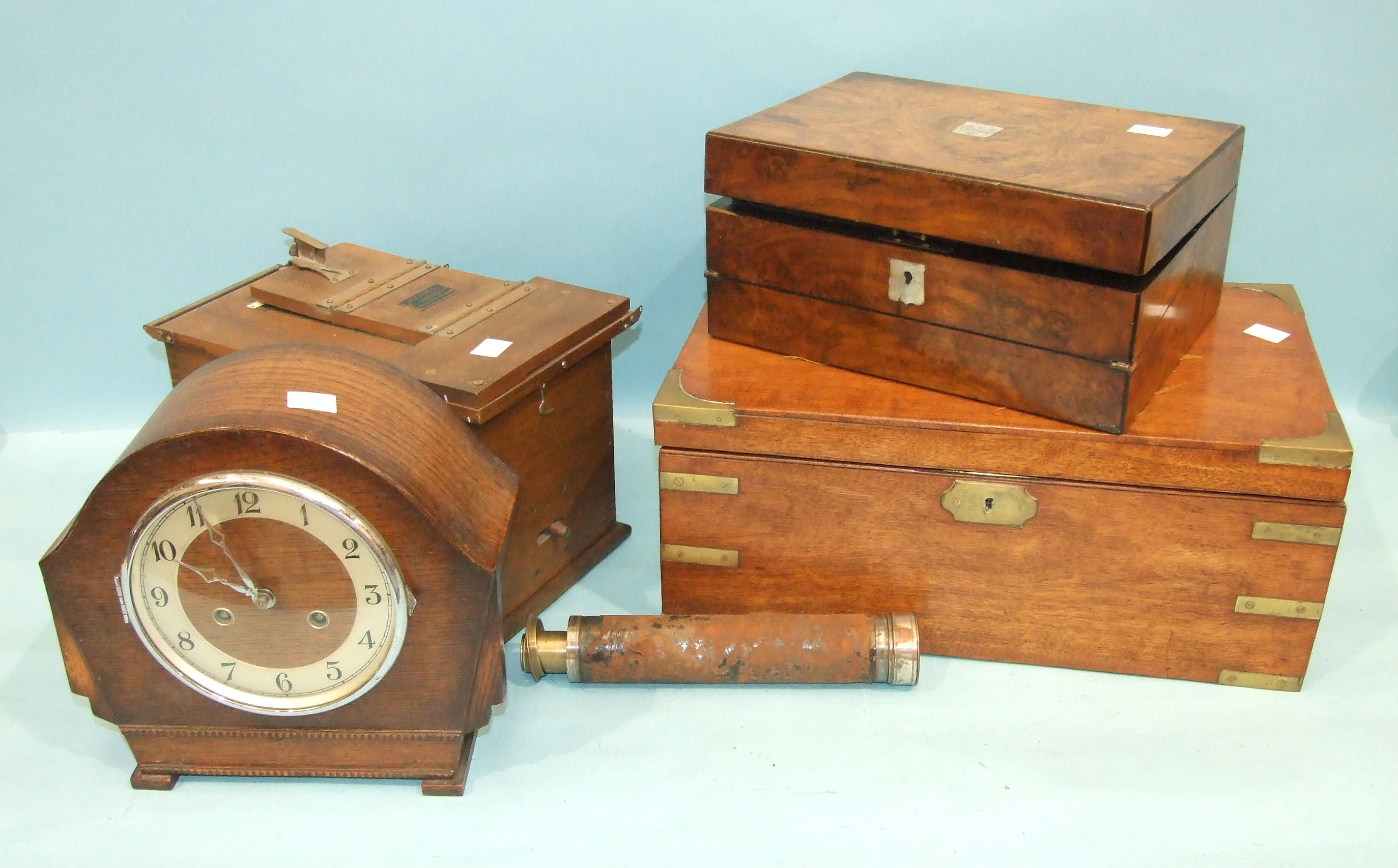 A Victorian walnut writing slope and work box with fitted interior, a brass-bound mahogany writing