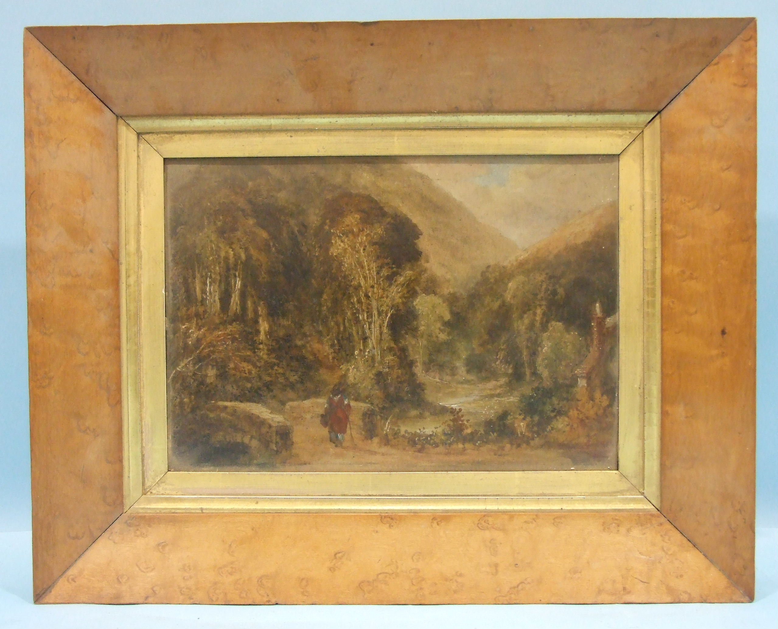 19th century Continental School, 'Figure crossing a bridge in a mountainous landscape', unsigned oil - Image 2 of 2