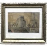 J C Bonfield, 'Knights and Soldiers Entering a Castle', watercolour and pencil, signed and