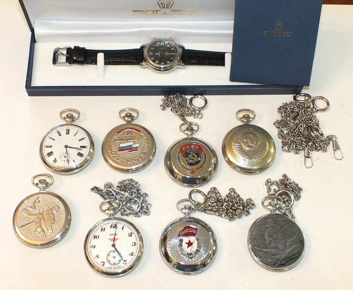 A Russian Poljot wrist watch, boxed with papers and eight Russian top-wind pocket watches, all