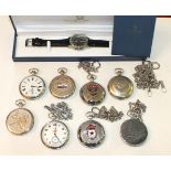 A Russian Poljot wrist watch, boxed with papers and eight Russian top-wind pocket watches, all