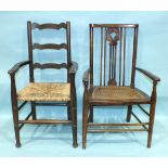 A child's stained beech ladder-back armchair with raffia seat, labelled "B Maggs & Co, Clifton,