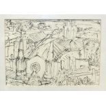 Derek Holland (20th century), 'Church at Sommières in the Midi', a signed pen and ink drawing, etc.