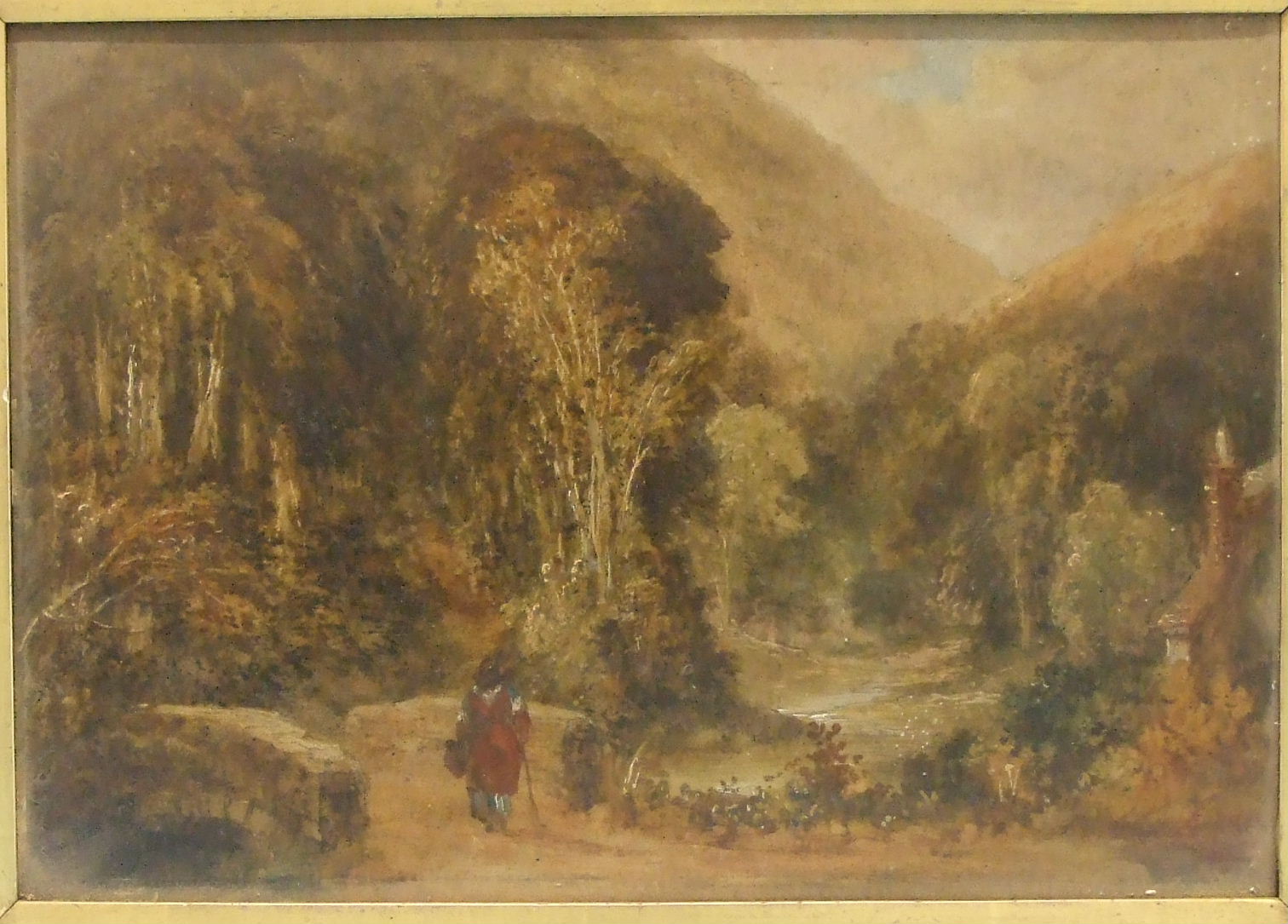 19th century Continental School, 'Figure crossing a bridge in a mountainous landscape', unsigned oil