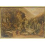 19th century Continental School, 'Figure crossing a bridge in a mountainous landscape', unsigned oil