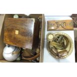 A Victorian extending metal-mounted oak pair of book ends, a brass-bound walnut work box, various