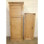 A single-door stripped pine hall cupboard, 70cm wide, 197cm high and another smaller pine