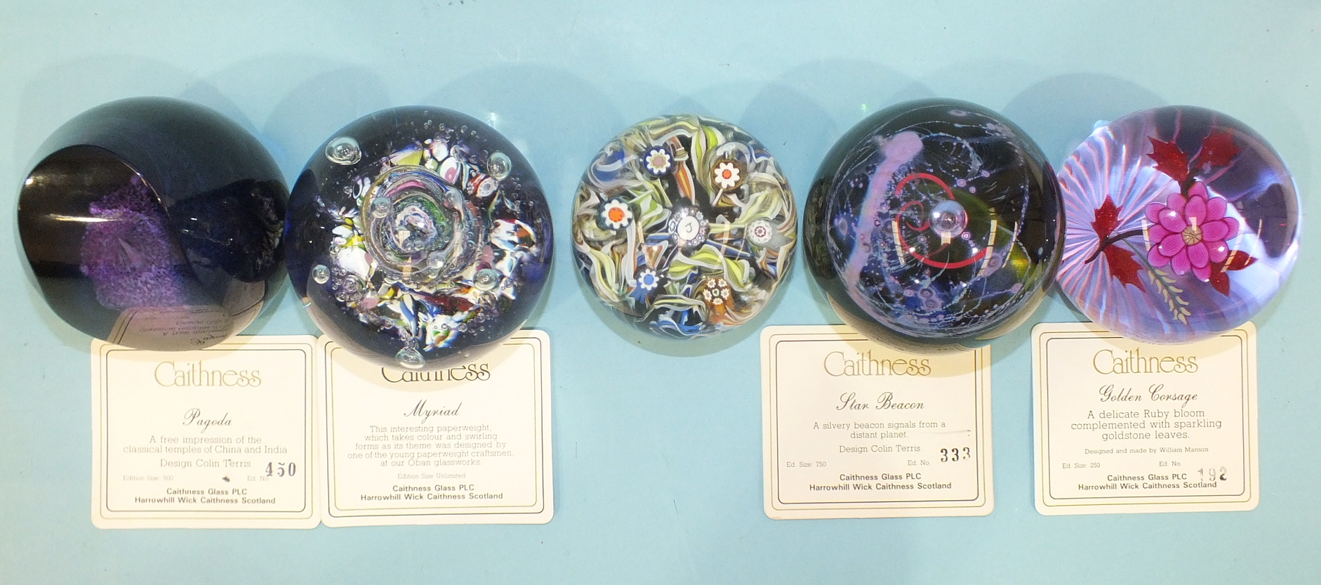 Three Caithness limited-edition glass paperweights 'Star Beacon' 333/750, 'Pagoda' 450/500 and '