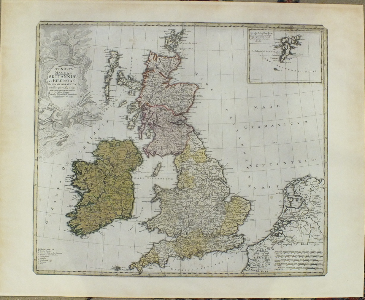 An 18th century hand-coloured map of The British Isles, Tobia Majero, 1749, 46 x 54cm.