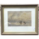 Indistinctly-signed, 'Figures and camels in a desert landscape', watercolour, 17 x 26cm.