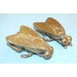 Two novelty brass desk Vestas modelled as flies, 9cm long, (2).