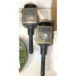 A pair of 19th century candle coach lamps stamped 'Raydyot', 46cm high, both with one cracked and