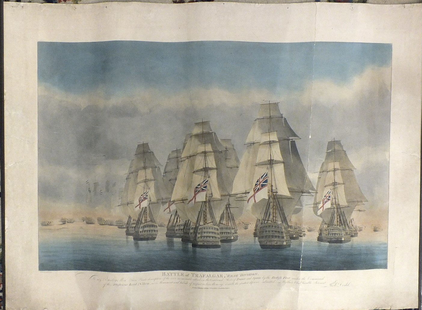 After R Dodd, a set of four coloured unframed engravings of the Battle of Trafalgar: 'Rear