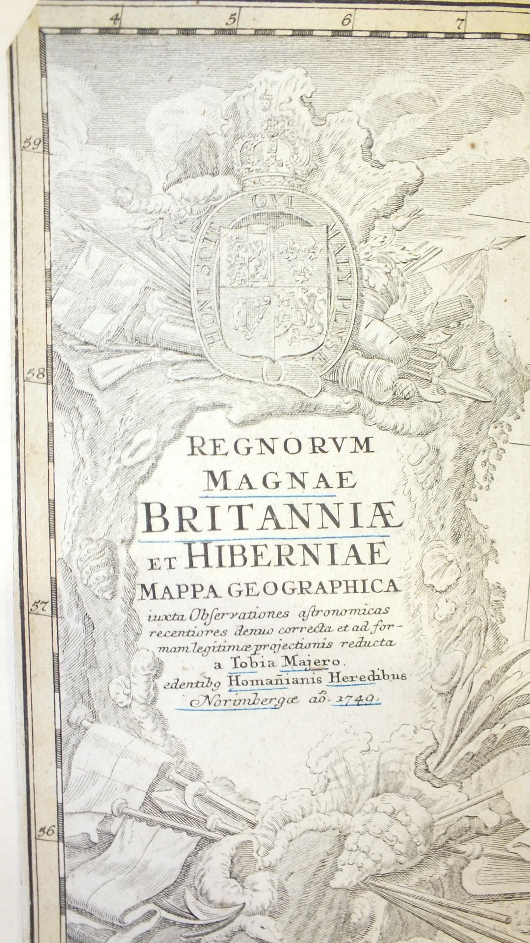 An 18th century hand-coloured map of The British Isles, Tobia Majero, 1749, 46 x 54cm. - Image 2 of 2