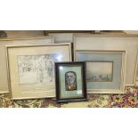 A framed Stevengraph silk 'The Late W E Gladstone' and four Baxter engravings depicting religious