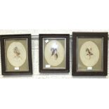 Three watercolour head and shoulder studies of young ladies wearing floral bonnets, framed oval,