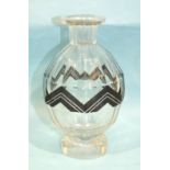 An Art Deco cut-glass decanter of baluster form, with etched and black-painted decoration, 21cm