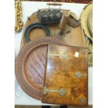 A Victorian walnut and metal-bound book or blotter cover, 31 x 23cm, a carved bread dish with border