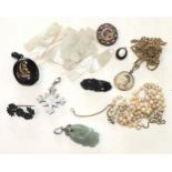 A quantity of mother-of-pearl counters, a cultured pearl necklace, a micro-mosaic glass brooch and