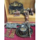 A papier-mâché chinoiserie letter rack, 24cm wide, other lacquered items, walking sticks and a