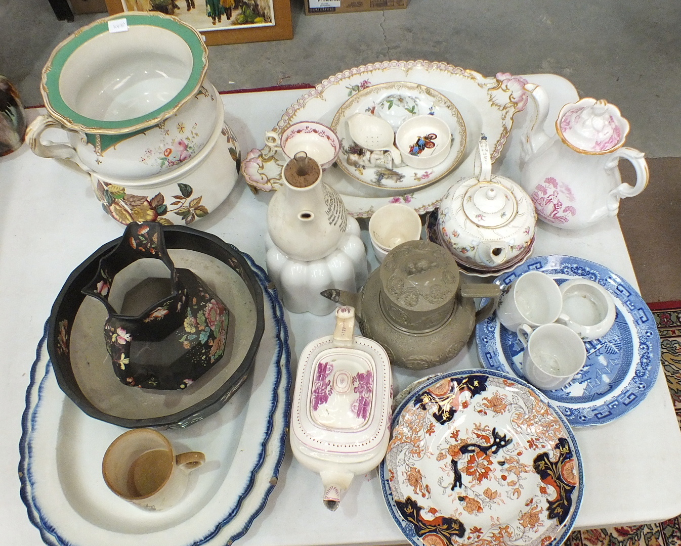 Two Victorian chamber pots and other 19th century and later ceramics.
