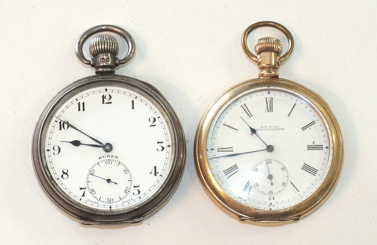 A Buren keyless open-face pocket watch with white enamel dial, Arabic numerals and seconds