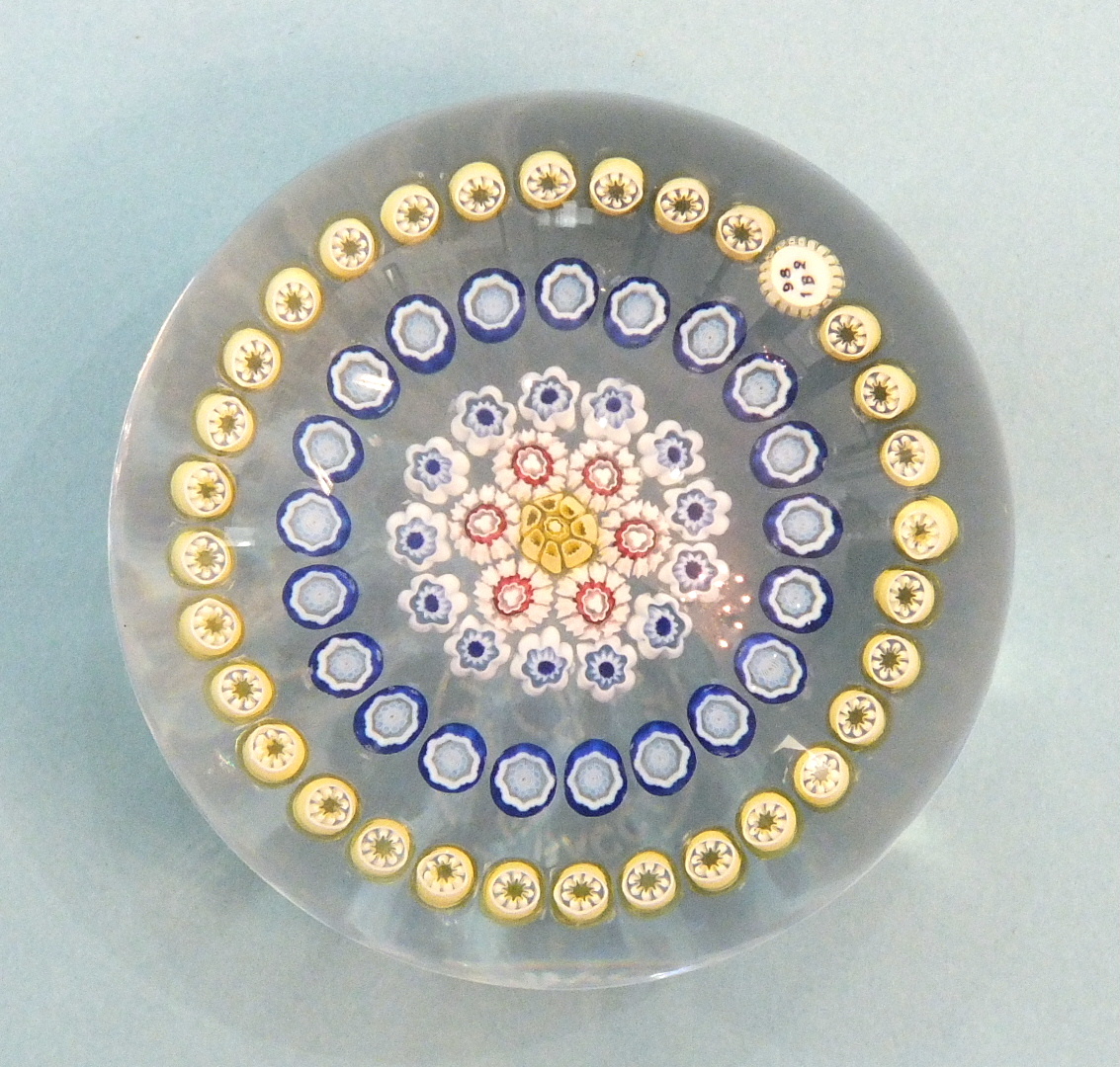 A modern unlimited Baccarat glass millefiore paperweight, with factory mark, dated 1982.
