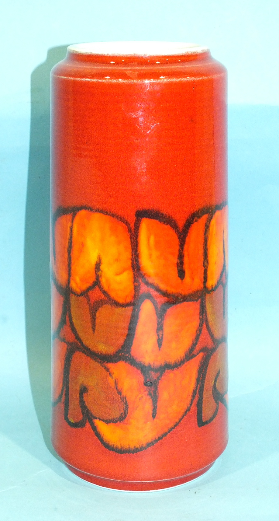 A Poole Pottery Delphis Ware vase of slightly-tapered cylindrical form, decorated in orange, black