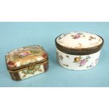 A Continental porcelain oval gilt-metal-mounted box and hinged cover decorated with flowers and